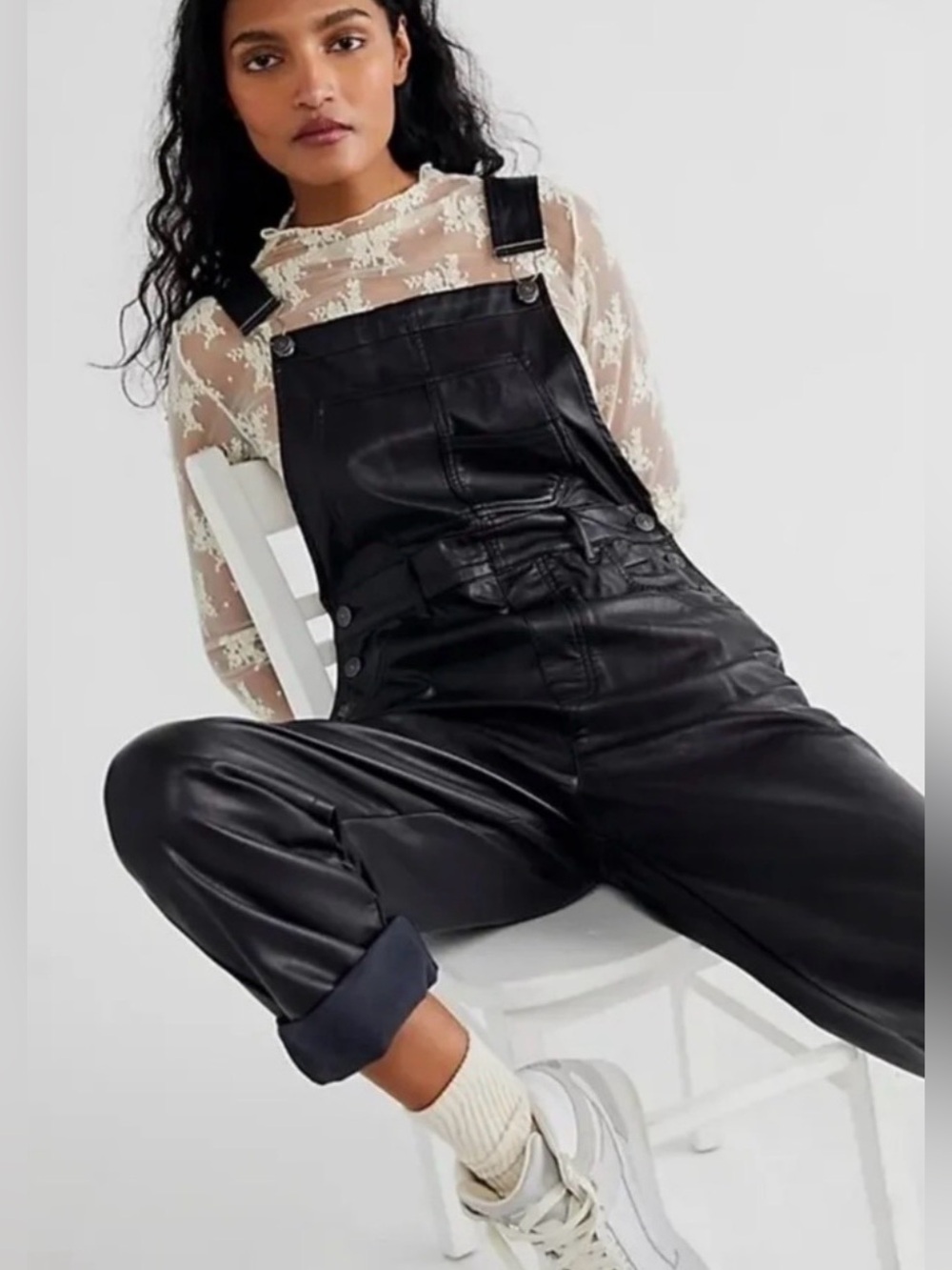 NWOT Free People Black Faux Leather Overalls Size Small